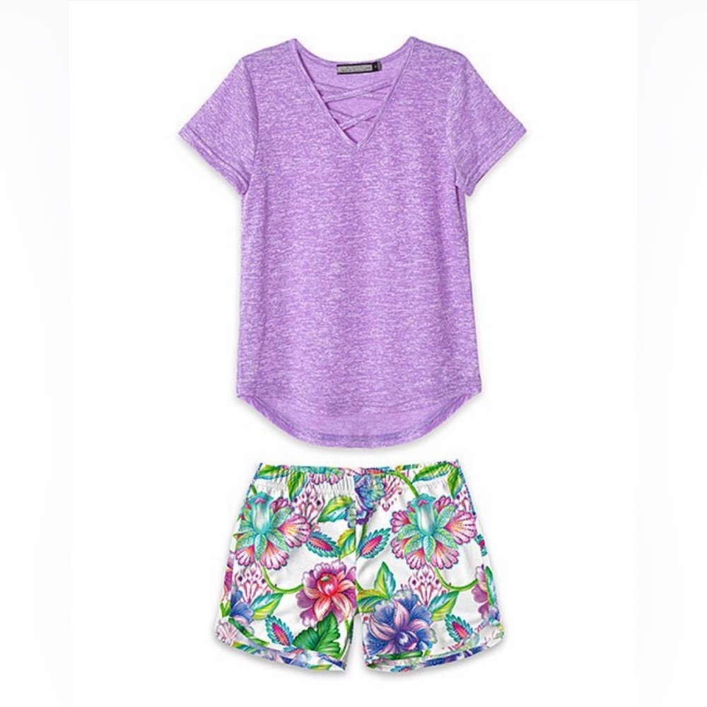 Girls Purple Crisscross Neck Hi-Low Tunic & Floral Shorts Set